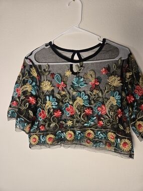 Embroidered Floral Mesh Crop Top - Black with Turquoise & Coral Accents